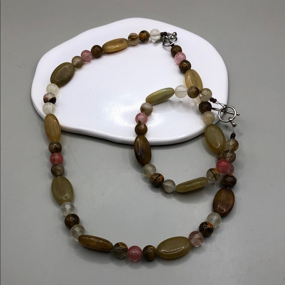 Stone gemstone beaded jewelry set necklace & bracelet artisan boho free spirit